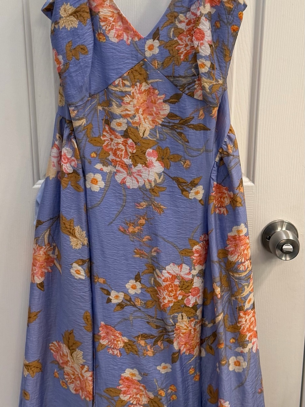 V-Neck Floral Midi Dress in Periwinkle with Pink & Tan Blooms